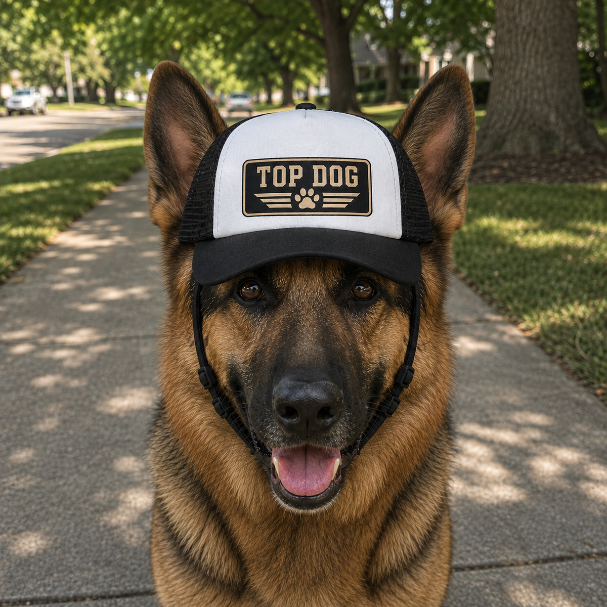 Black and gold Top Dog trucker hat for dogs