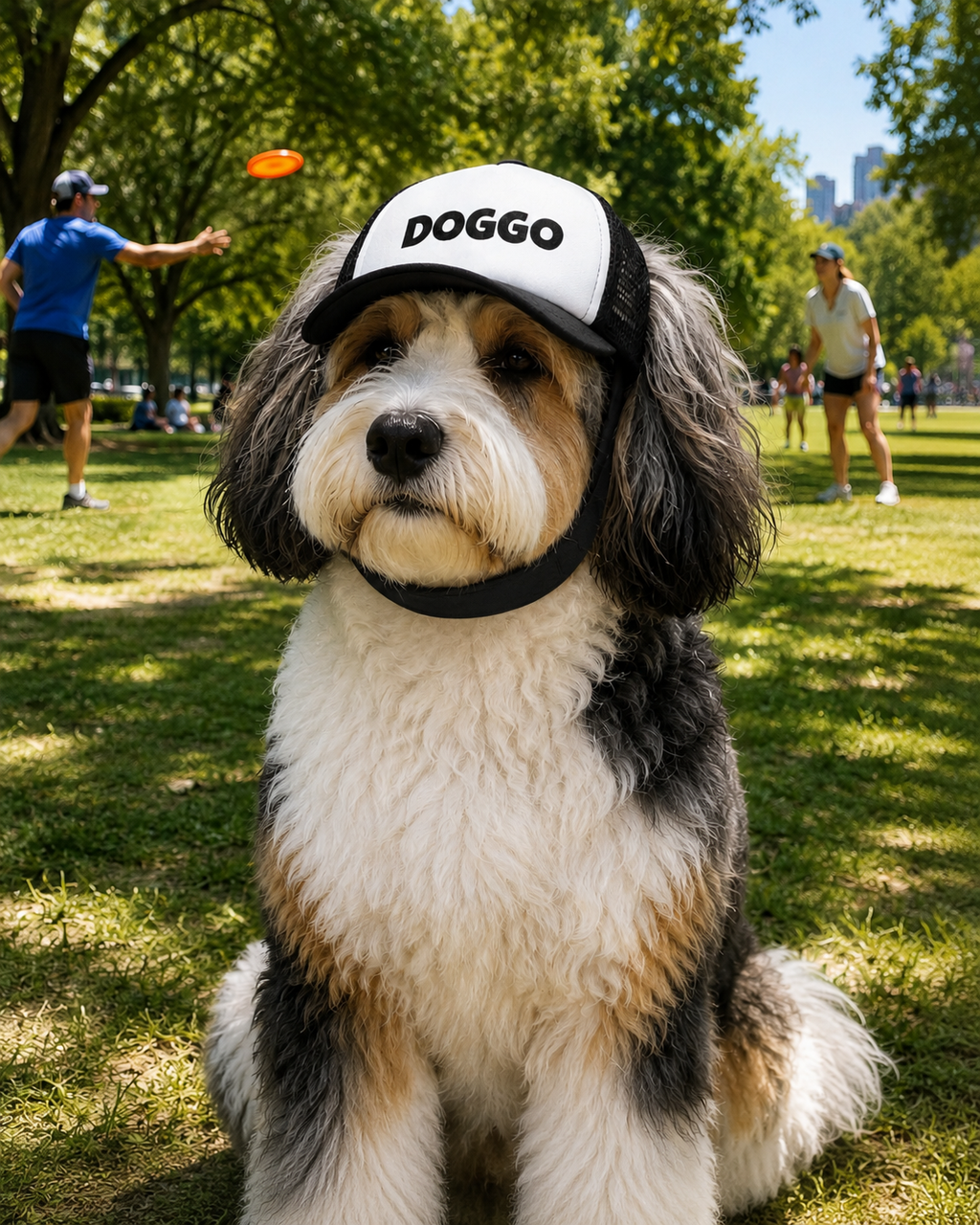 Dog wearing Doggo dog trucker hat
