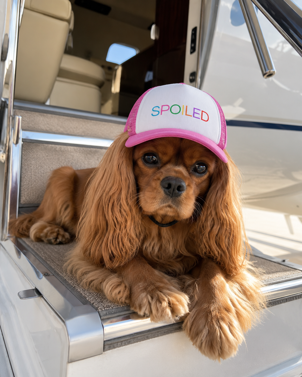 Spoiled multicolor funny dog trucker hat