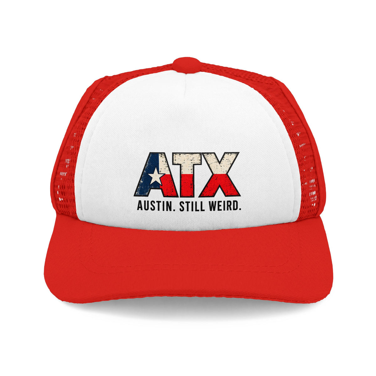 Red and white ATX trucker hat for dogs