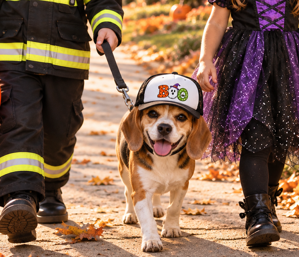 Dog wearing BOO Halloween dog trucker hat