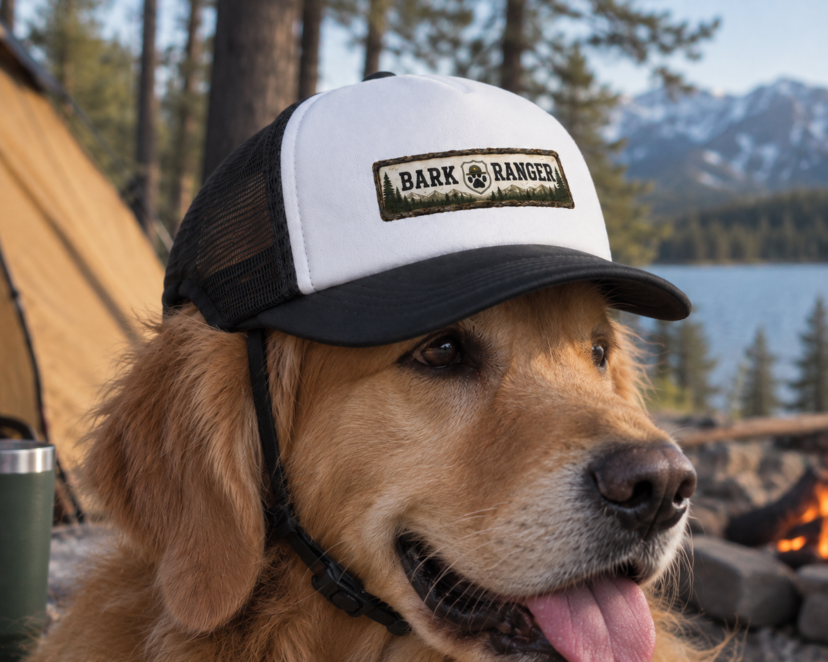 Dog wearing Bark Ranger outdoor dog trucker hat