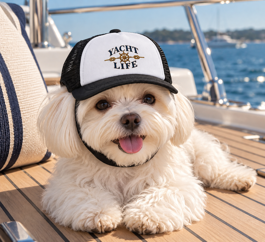 Dog wearing Yacht Life nautical dog trucker hat
