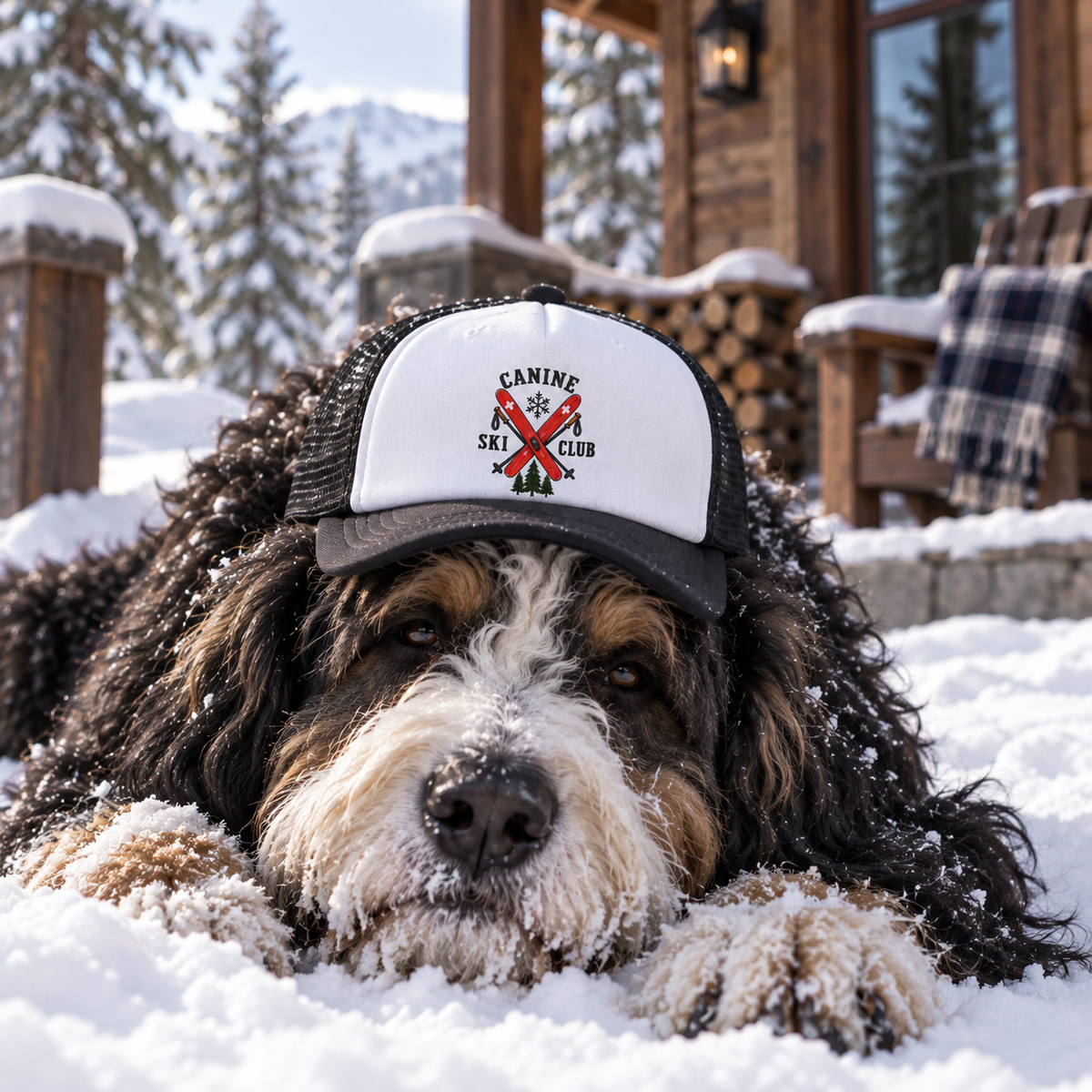 Dog wearing Canine Ski Club winter dog trucker hat