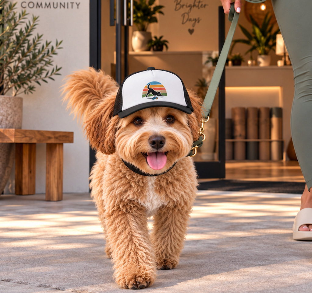 Dog wearing Down Dog yoga dog trucker hat