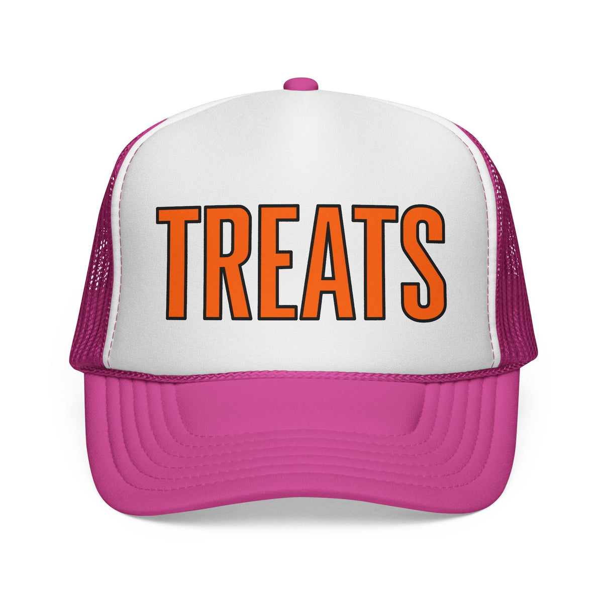 Pink TREATS Halloween adult trucker hat for dog lovers