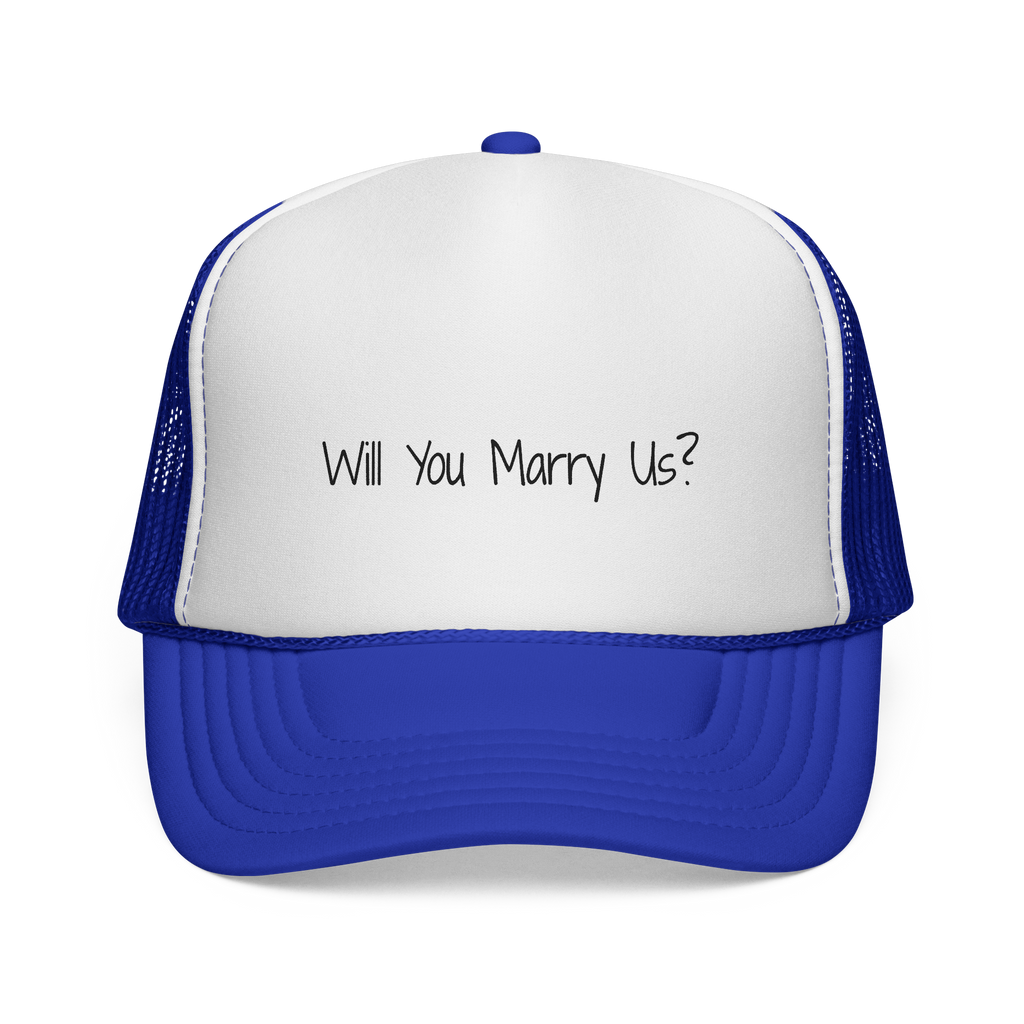 Royal blue Will You Marry Us proposal adult trucker hat for dog lovers