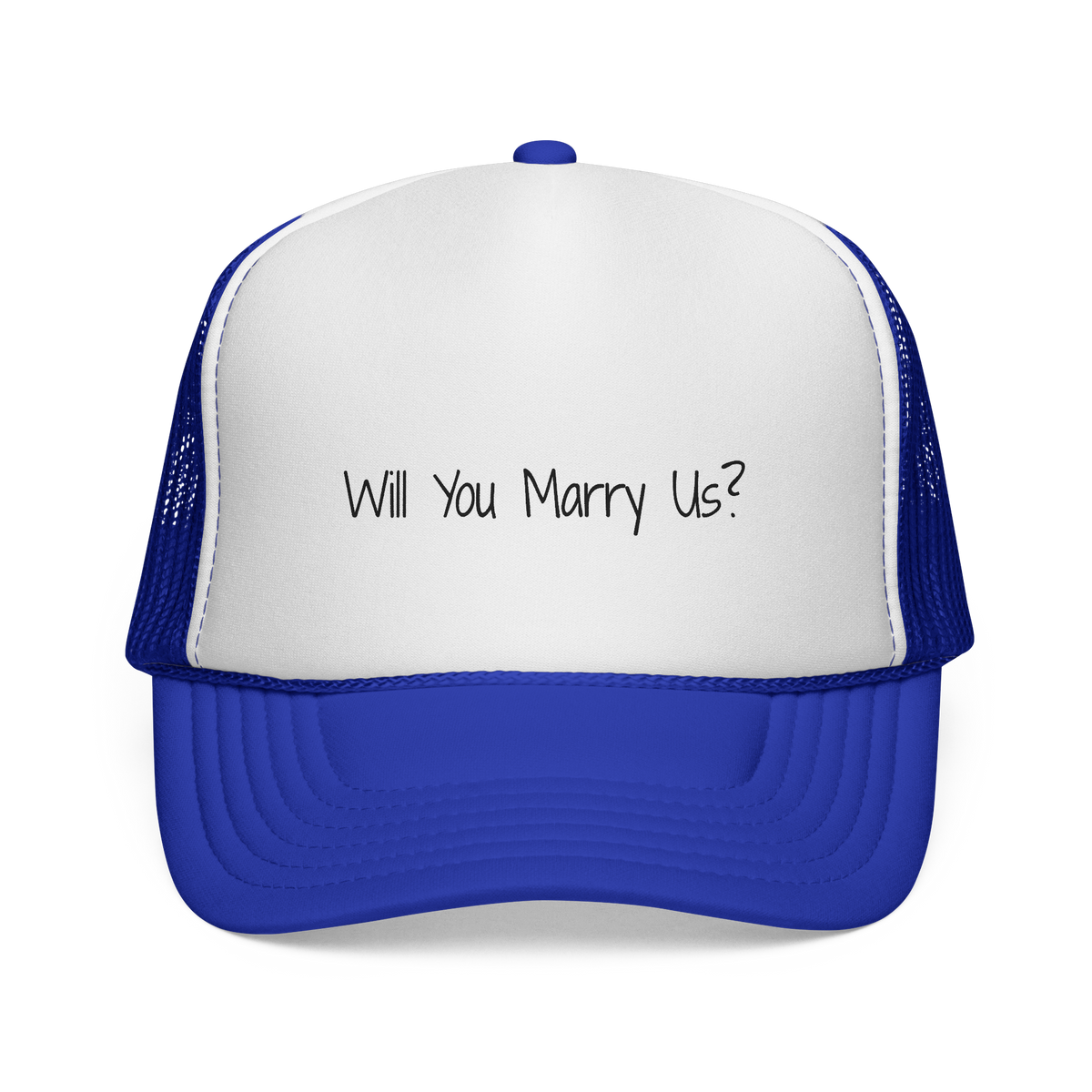 Royal blue Will You Marry Us proposal adult trucker hat for dog lovers