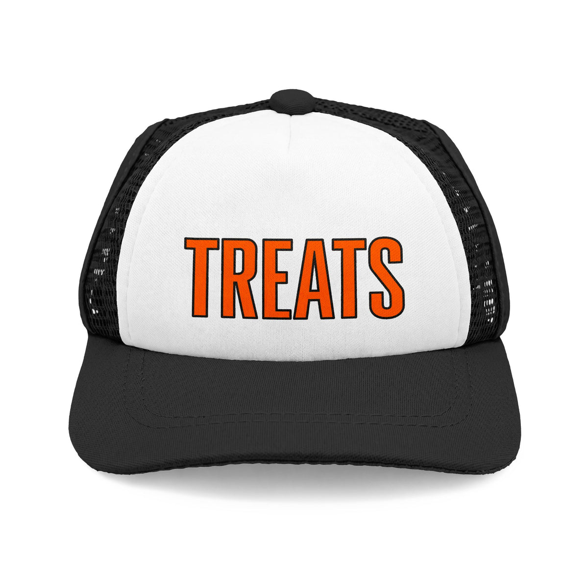 Black and white TREATS Halloween dog trucker hat