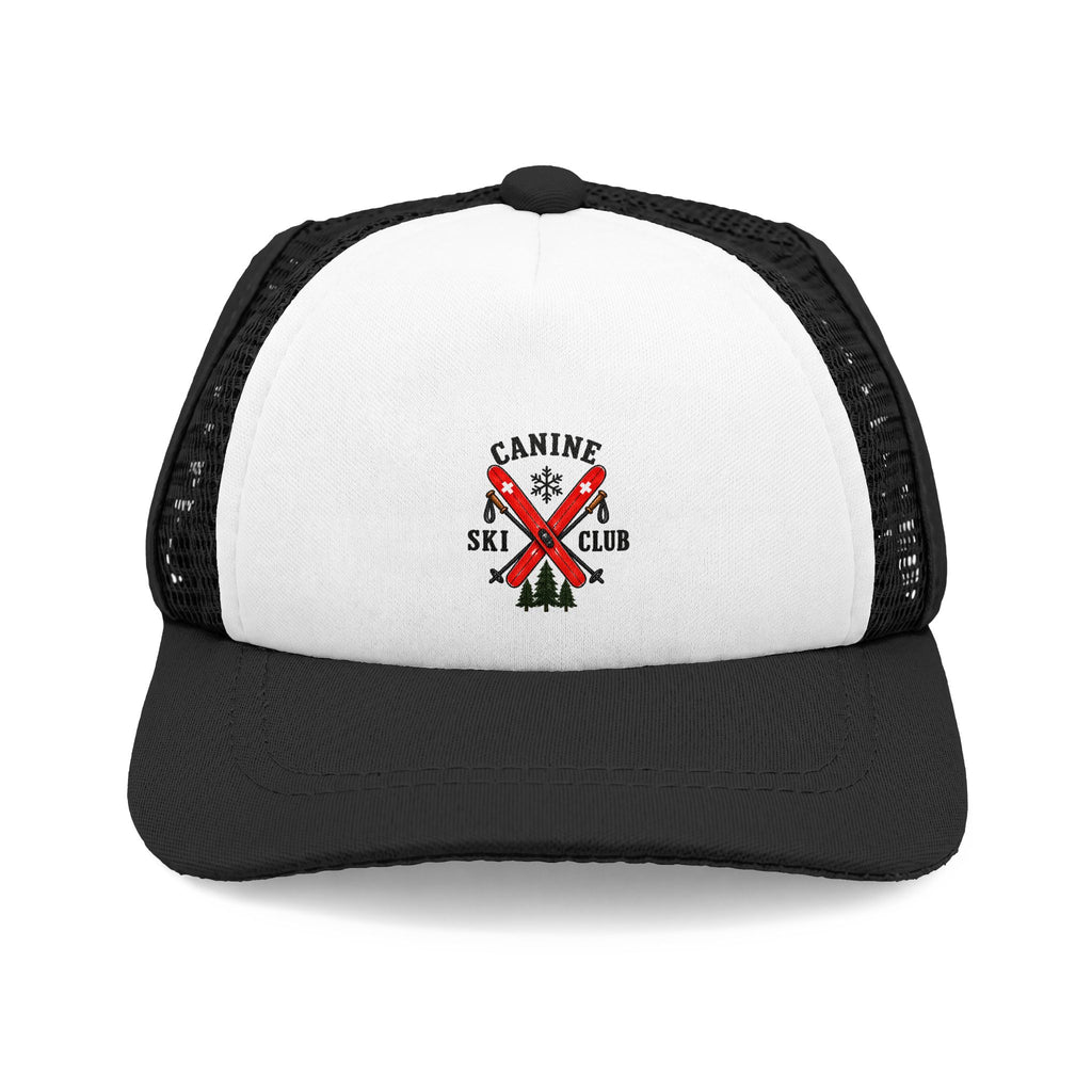 Black and white Canine Ski Club dog trucker hat