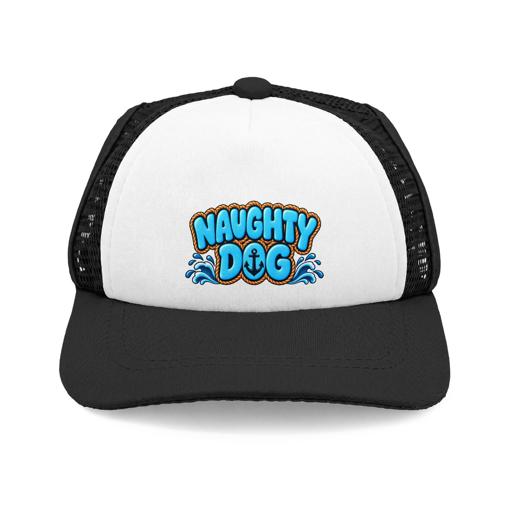 Black and white Naughty Dog trucker hat