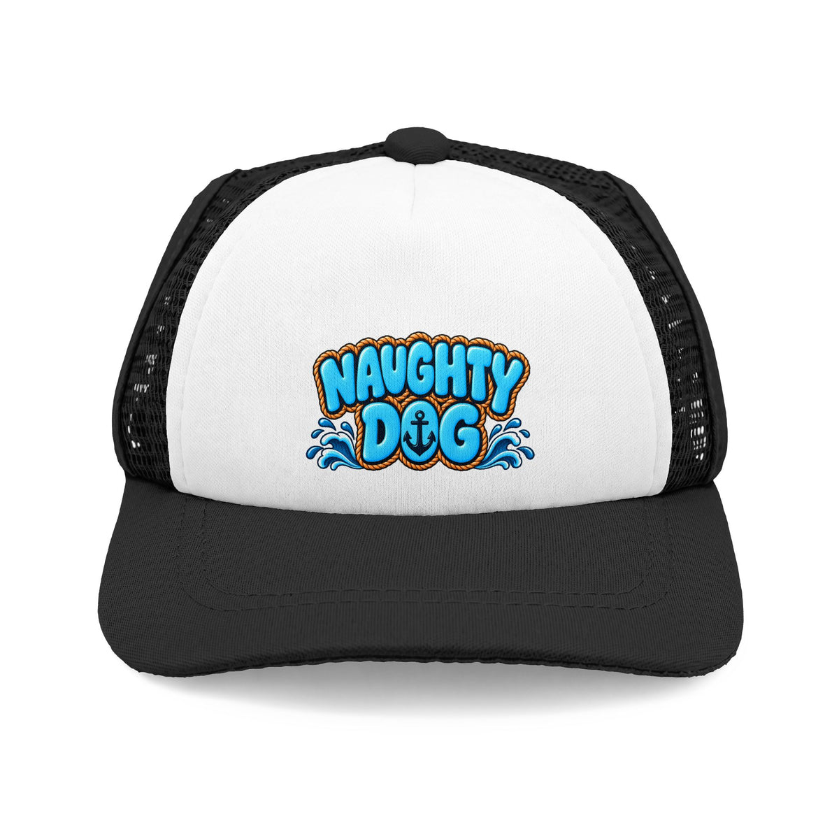 Black and white Naughty Dog trucker hat