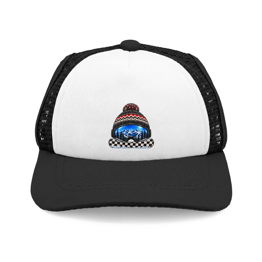 Black and white Snowboarder dog trucker hat