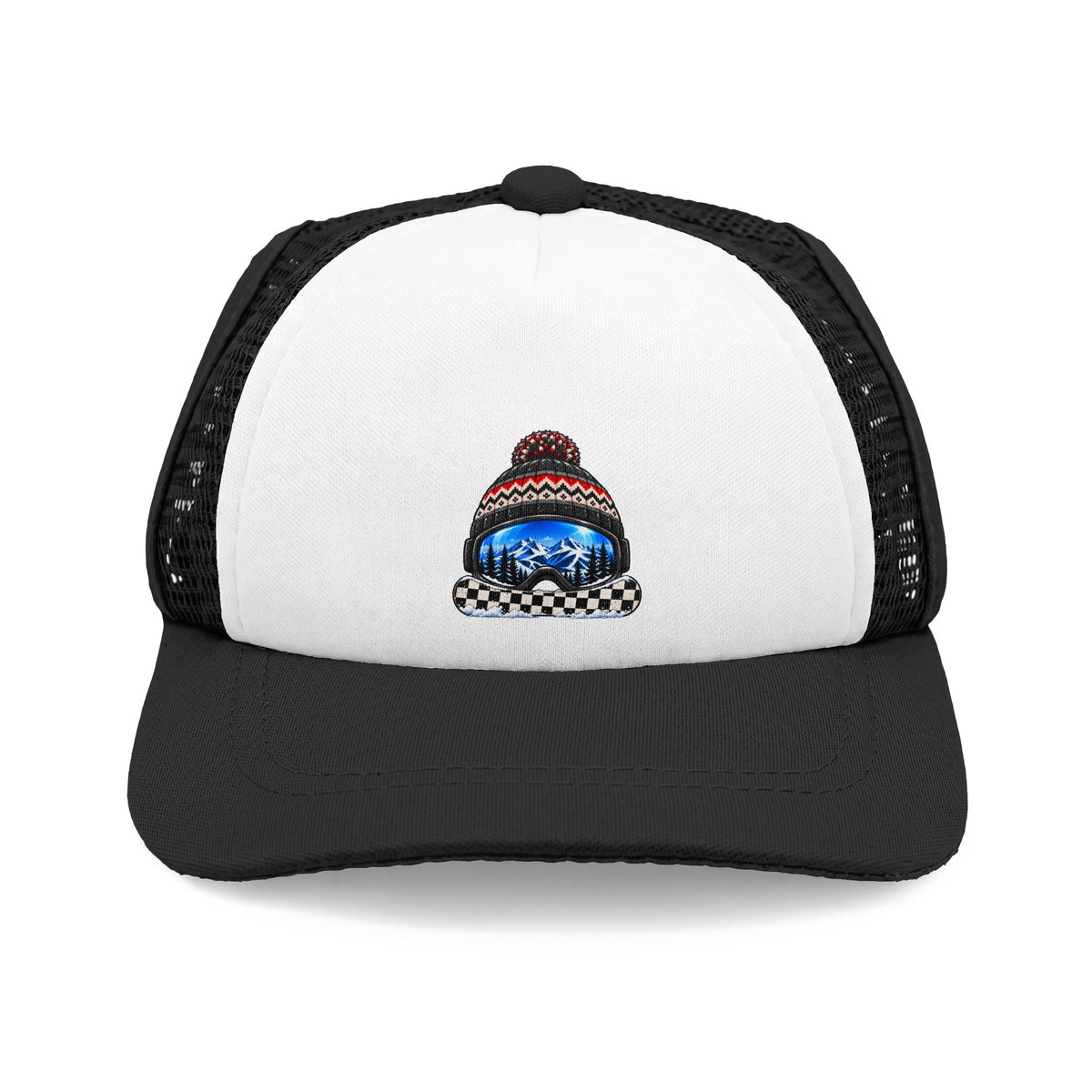 Black and white Snowboarder dog trucker hat