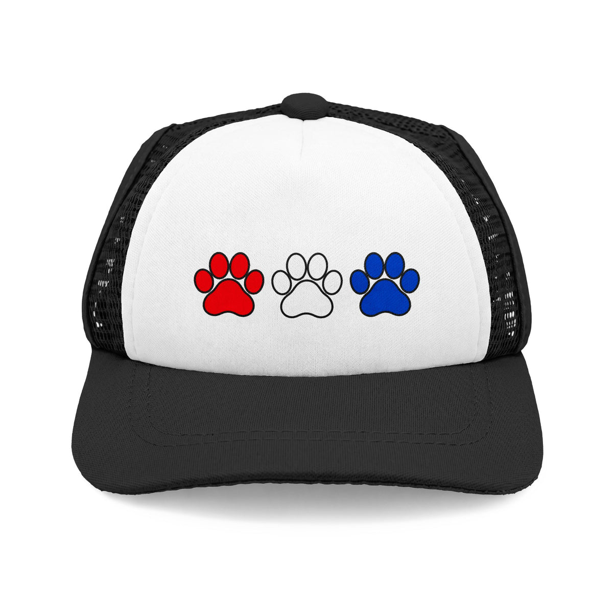 Black and white patriotic dog trucker hat with paw design