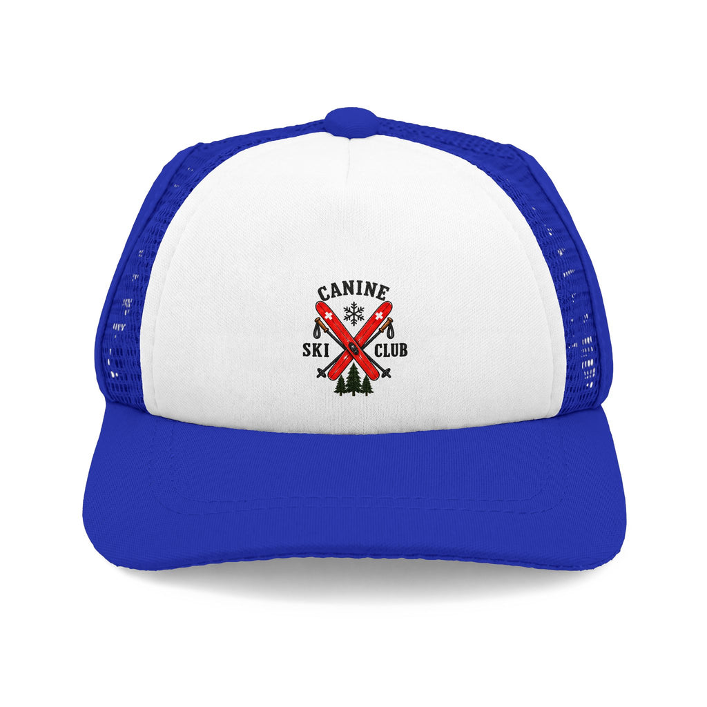 Blue and white Canine Ski Club dog trucker hat