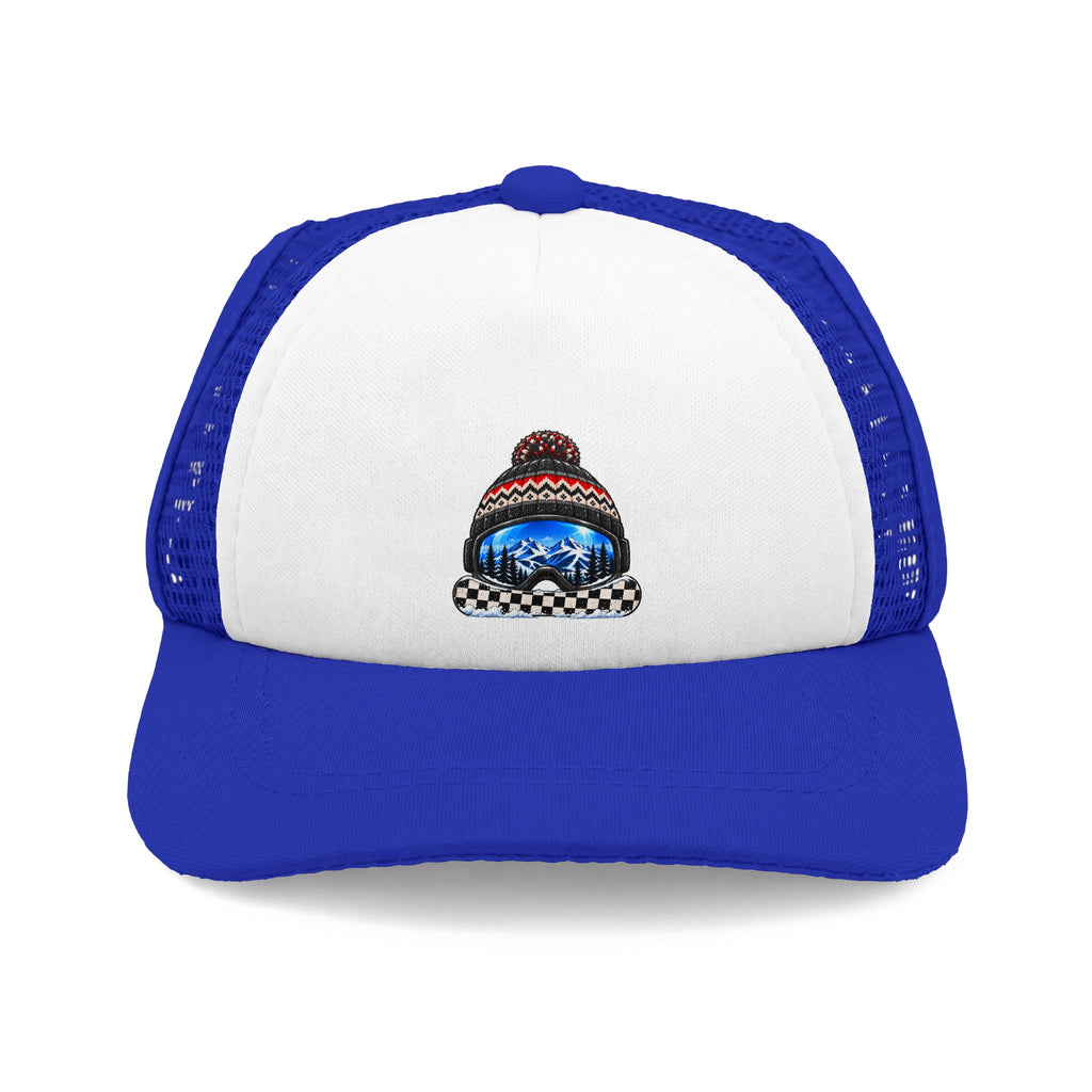 Blue and white Snowboarder dog trucker hat