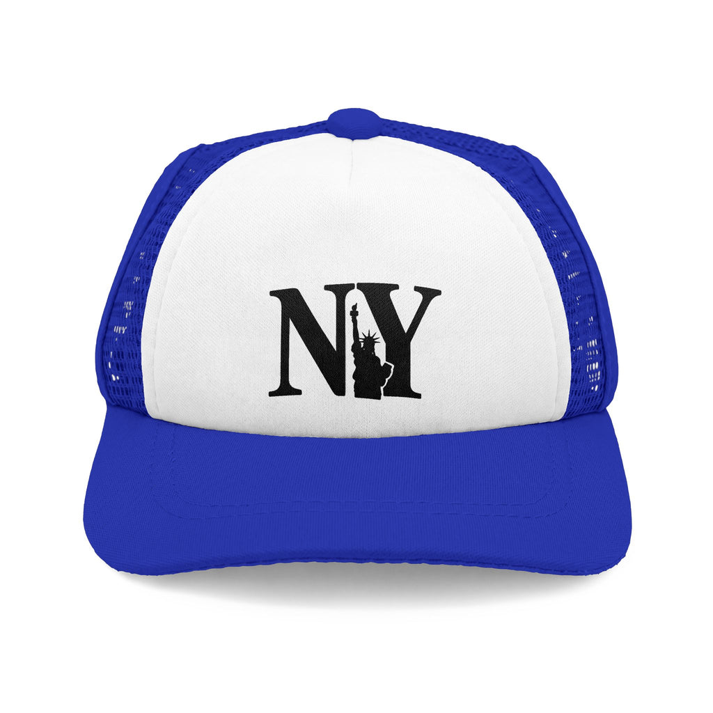 Blue and white NY dog trucker hat