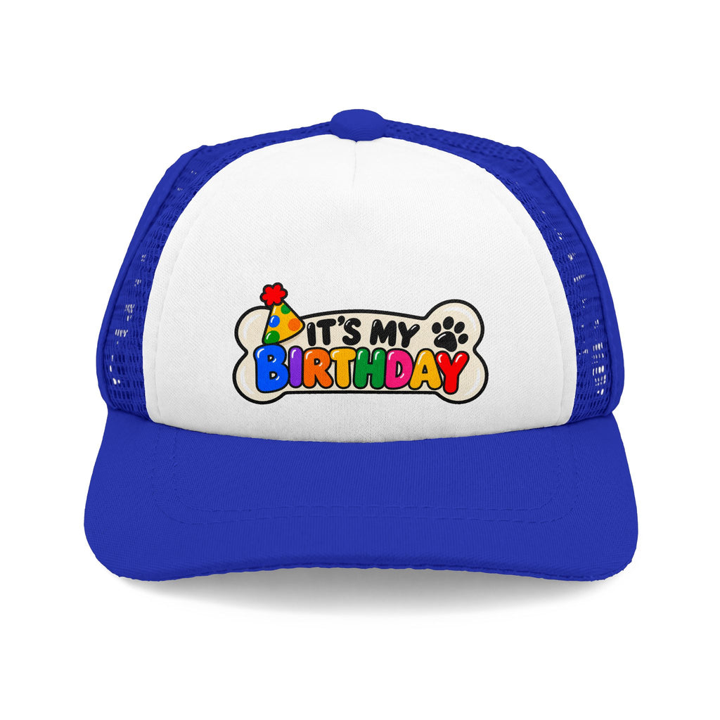 Blue and white It's My Birthday dog trucker hat