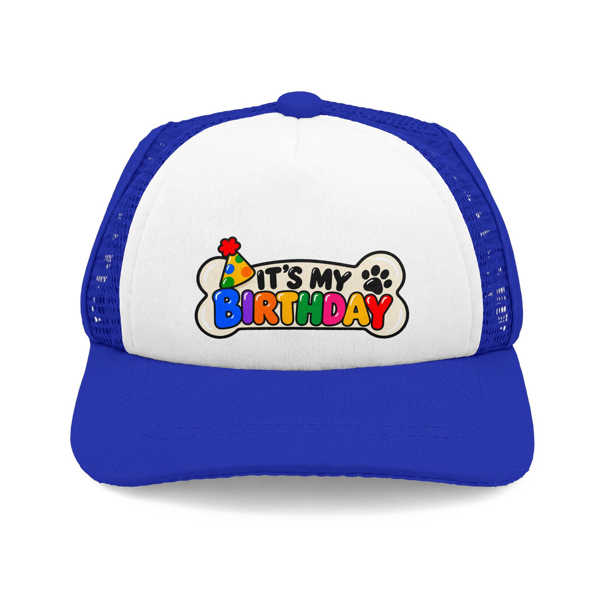 Blue and white It's My Birthday dog trucker hat
