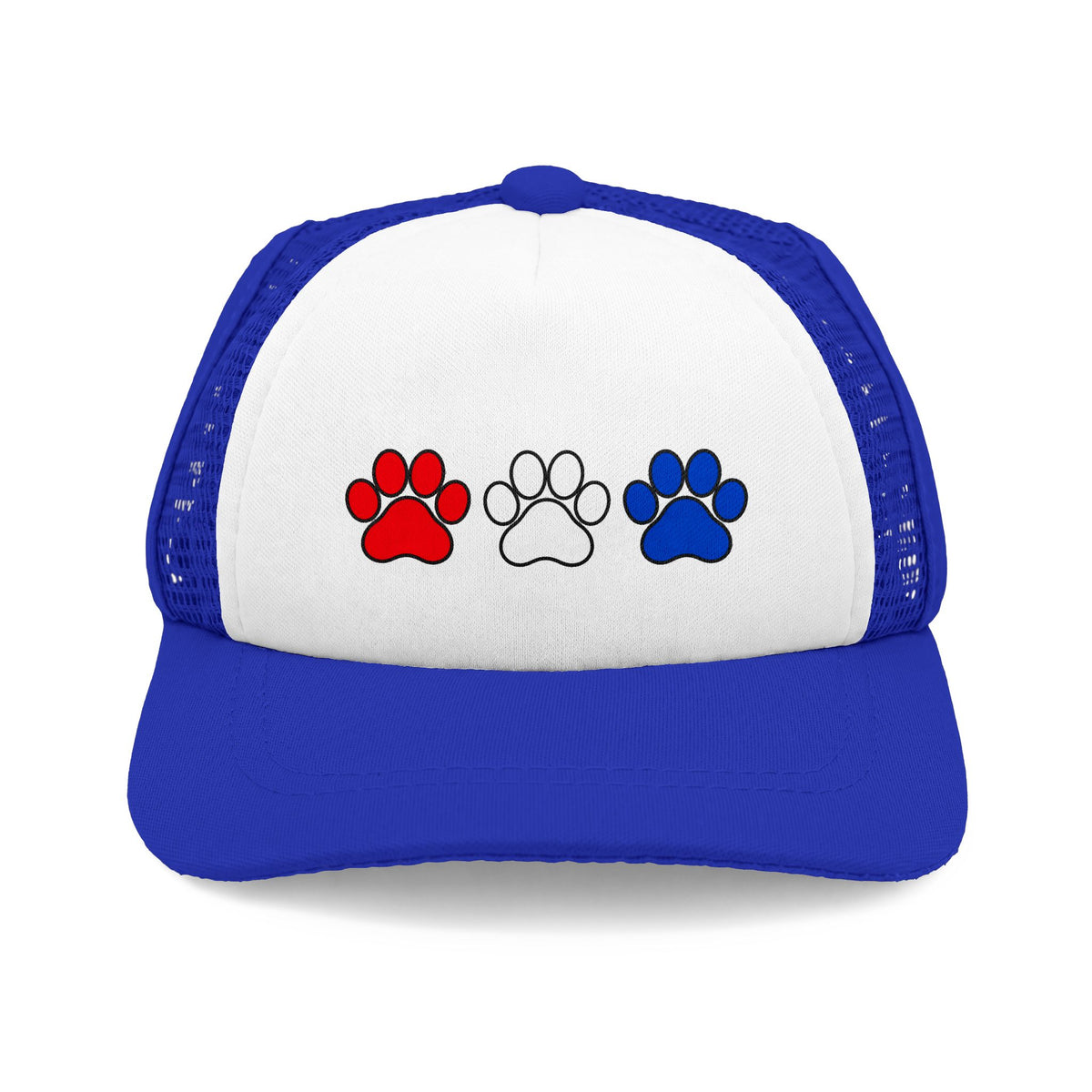 Blue and white patriotic dog trucker hat with paw design