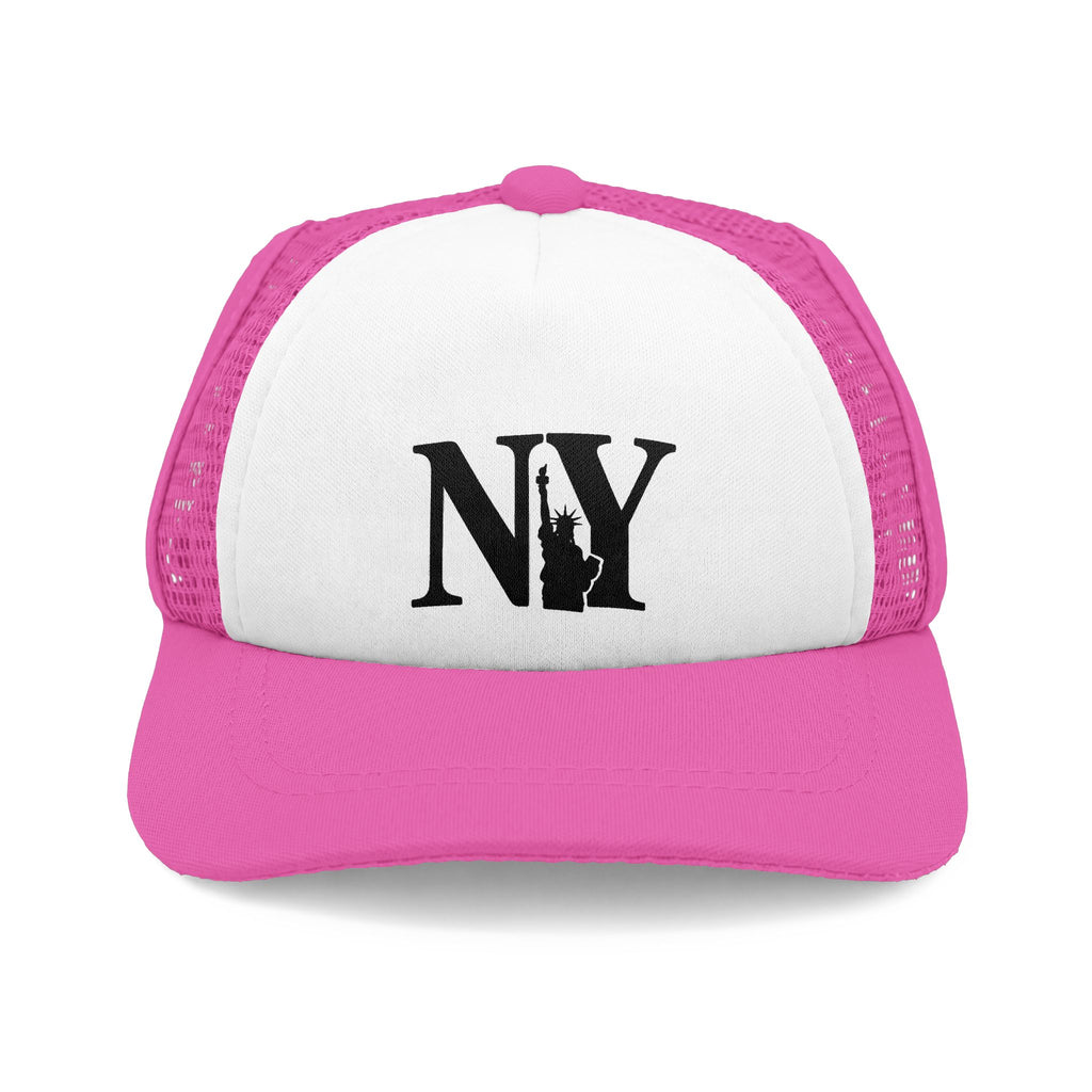 Pink and white NY dog trucker hat