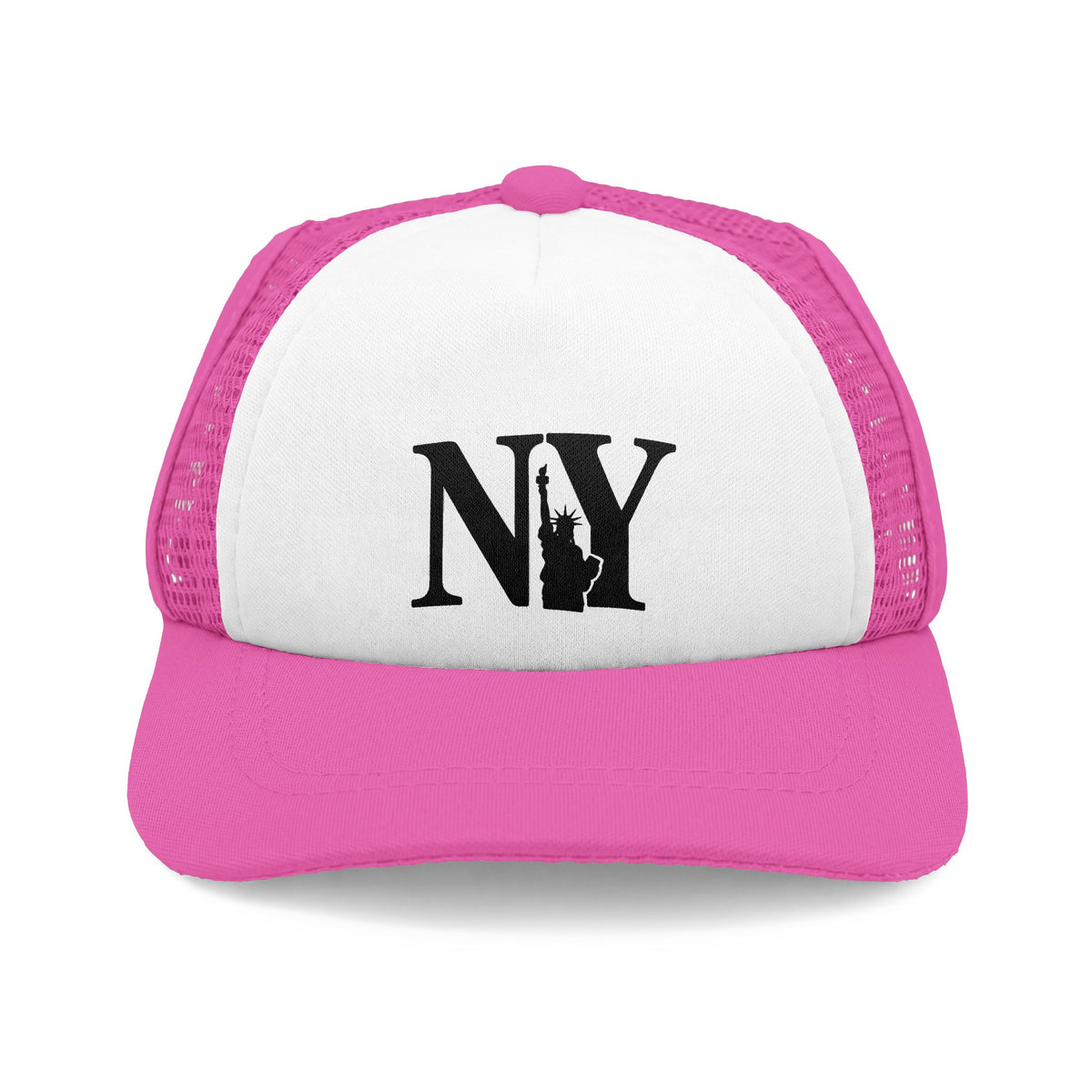Pink and white NY dog trucker hat