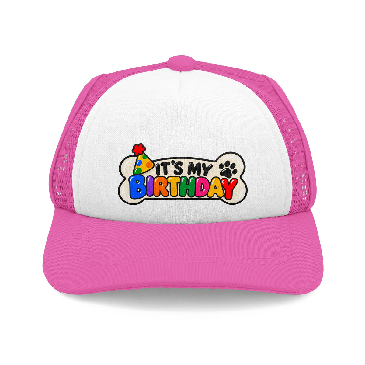 Pink and white It's My Birthday dog trucker hat