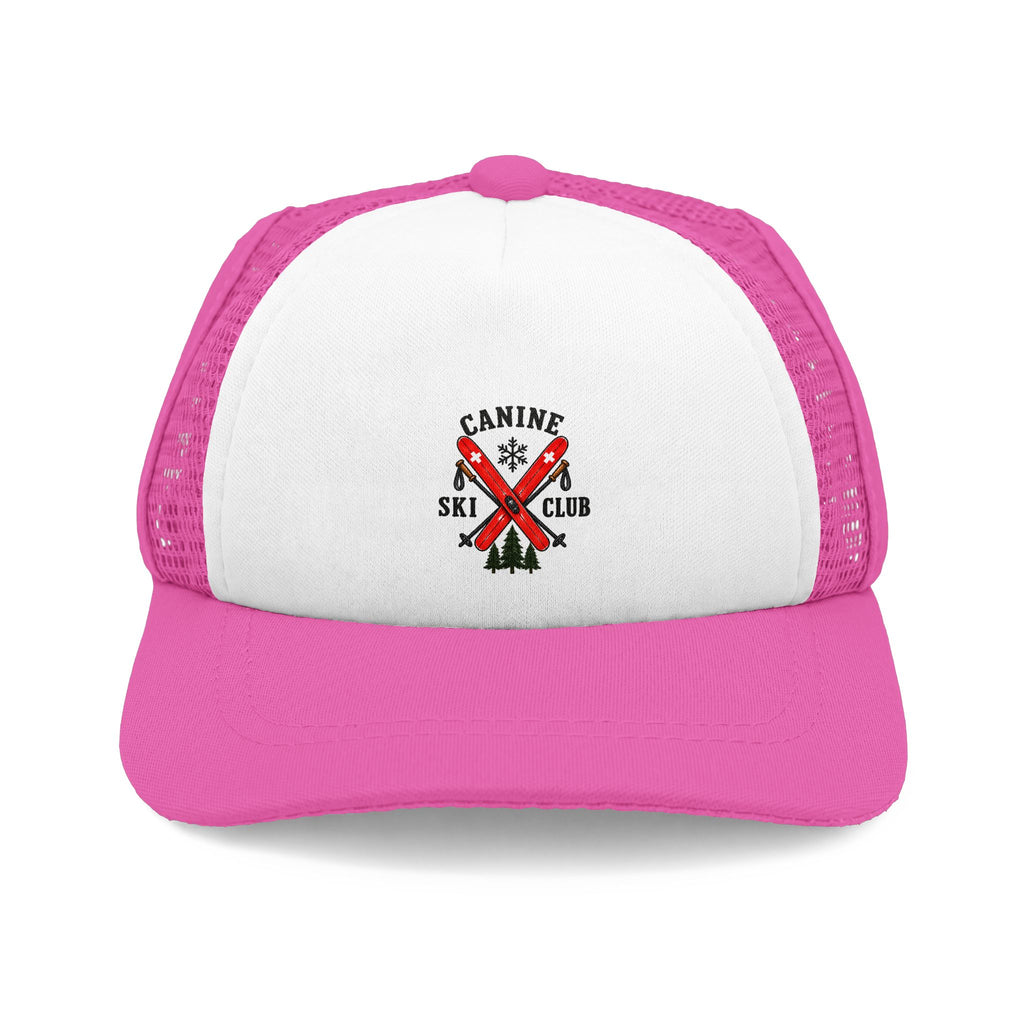 Pink and white Canine Ski Club dog trucker hat