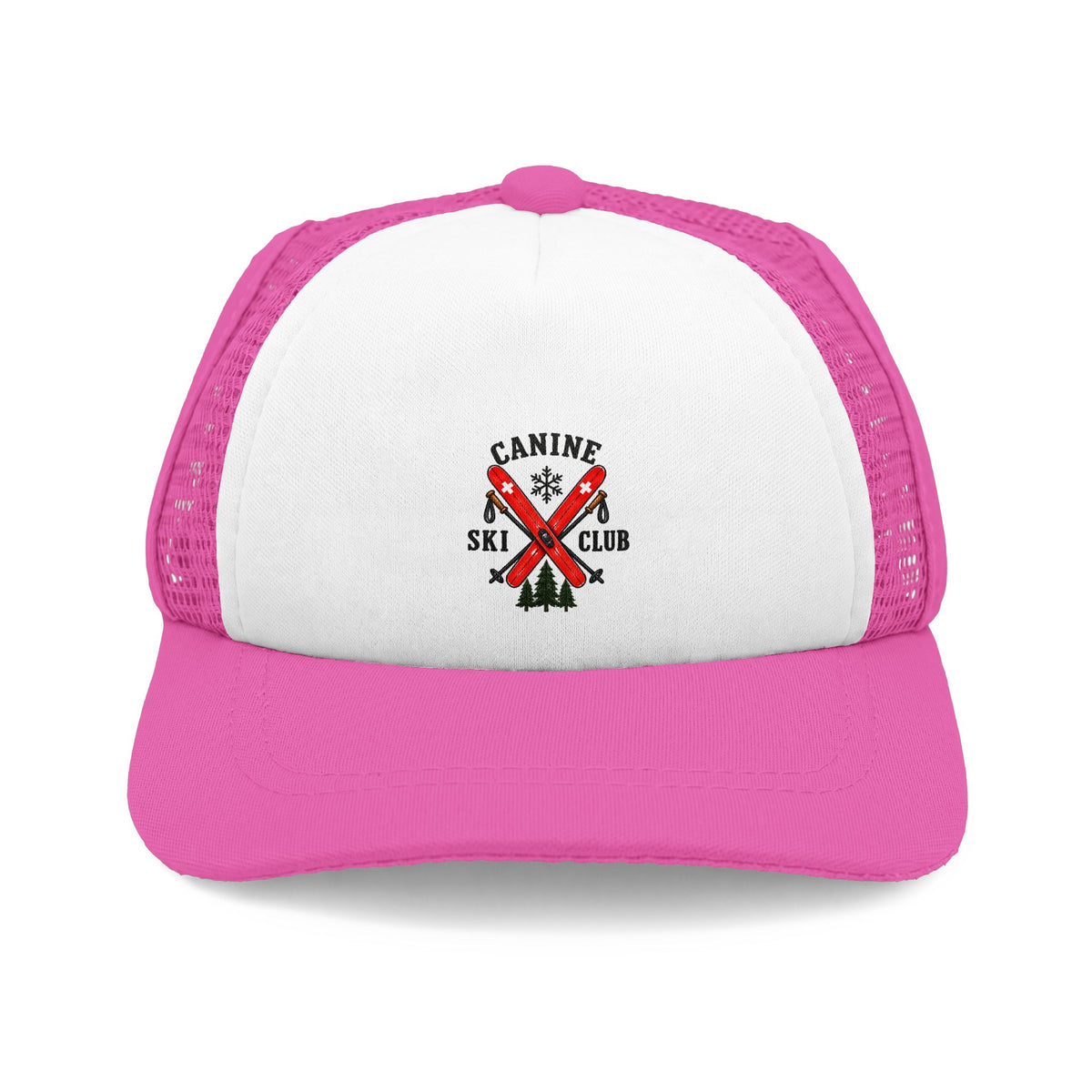 Pink and white Canine Ski Club dog trucker hat