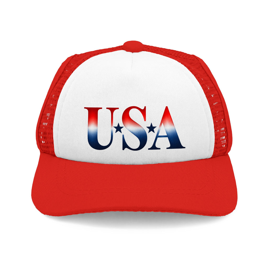 Red and white USA dog trucker hat
