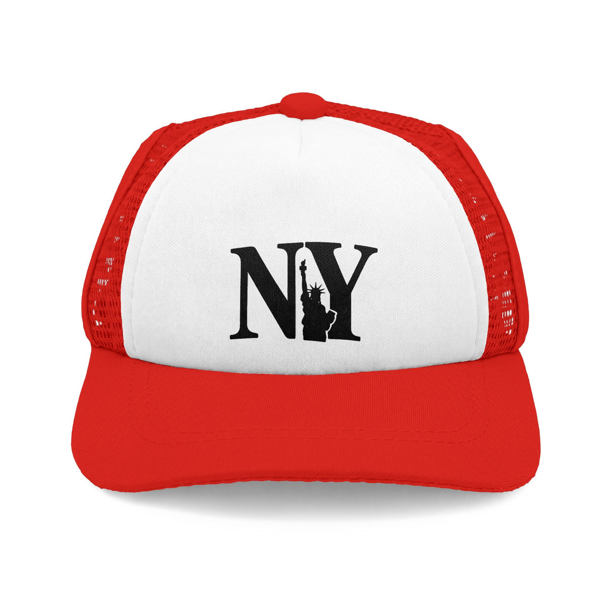 Red and white NY dog trucker hat