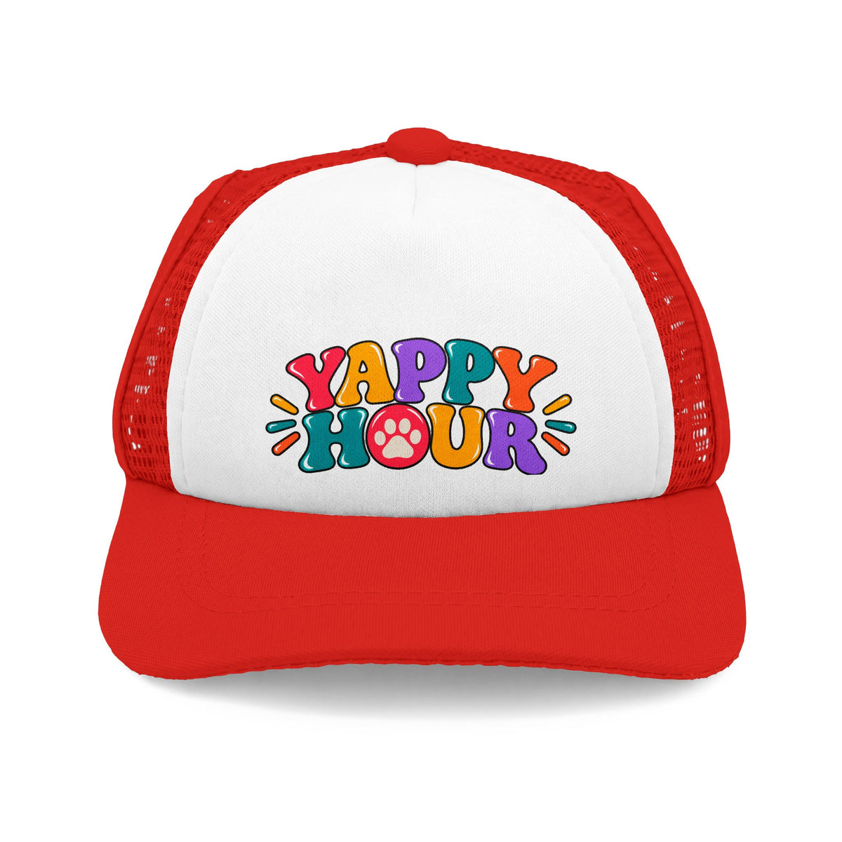 Red and white Yappy Hour dog trucker hat