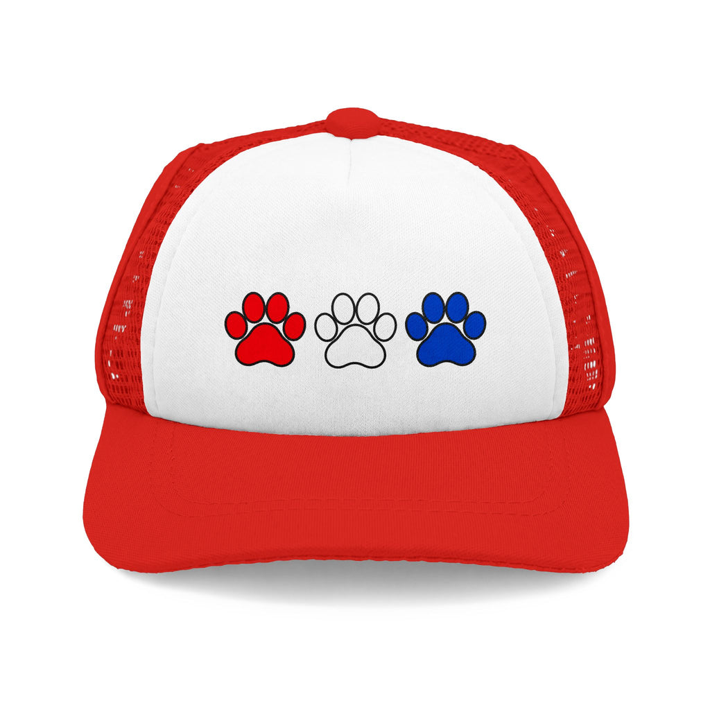 Red and white patriotic dog trucker hat with paw design