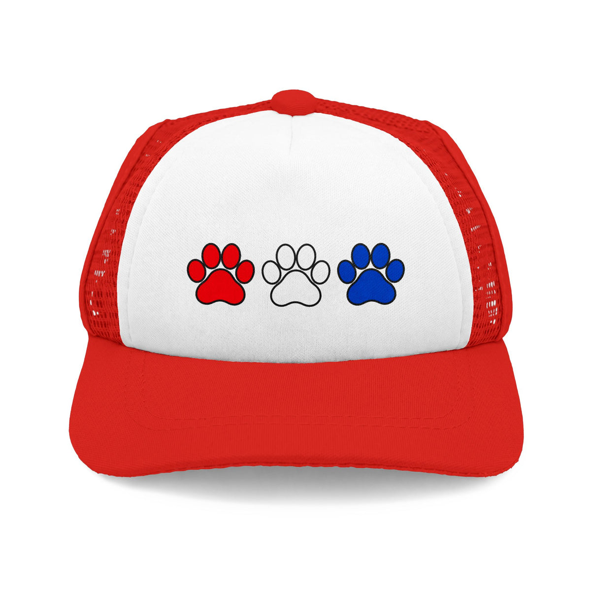 Red and white patriotic dog trucker hat with paw design