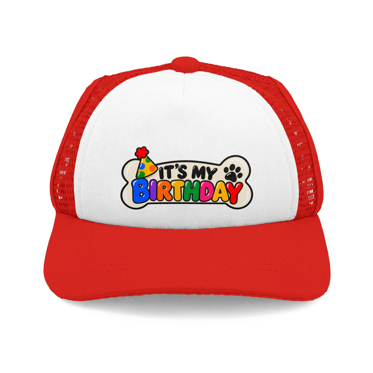 Red and white It's My Birthday dog trucker hat
