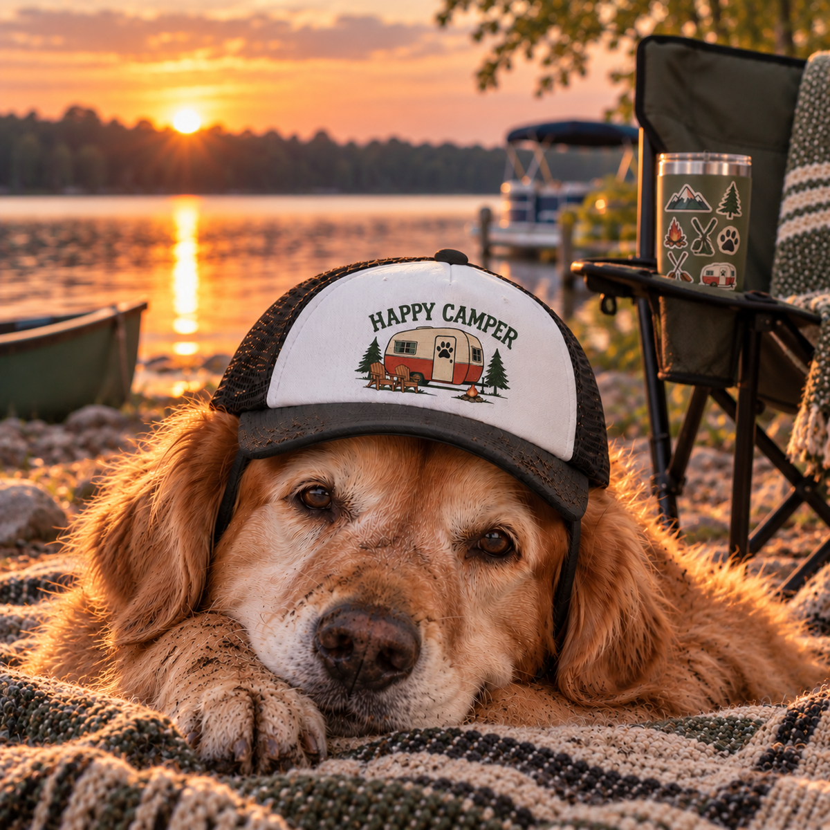 Dog wearing Happy Camper outdoor dog trucker hat
