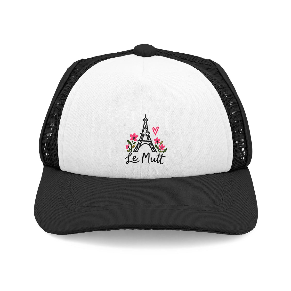 Black Le Mutt Paris-inspired dog trucker hat