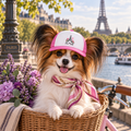 Dog wearing Le Mutt Paris-inspired dog trucker hat