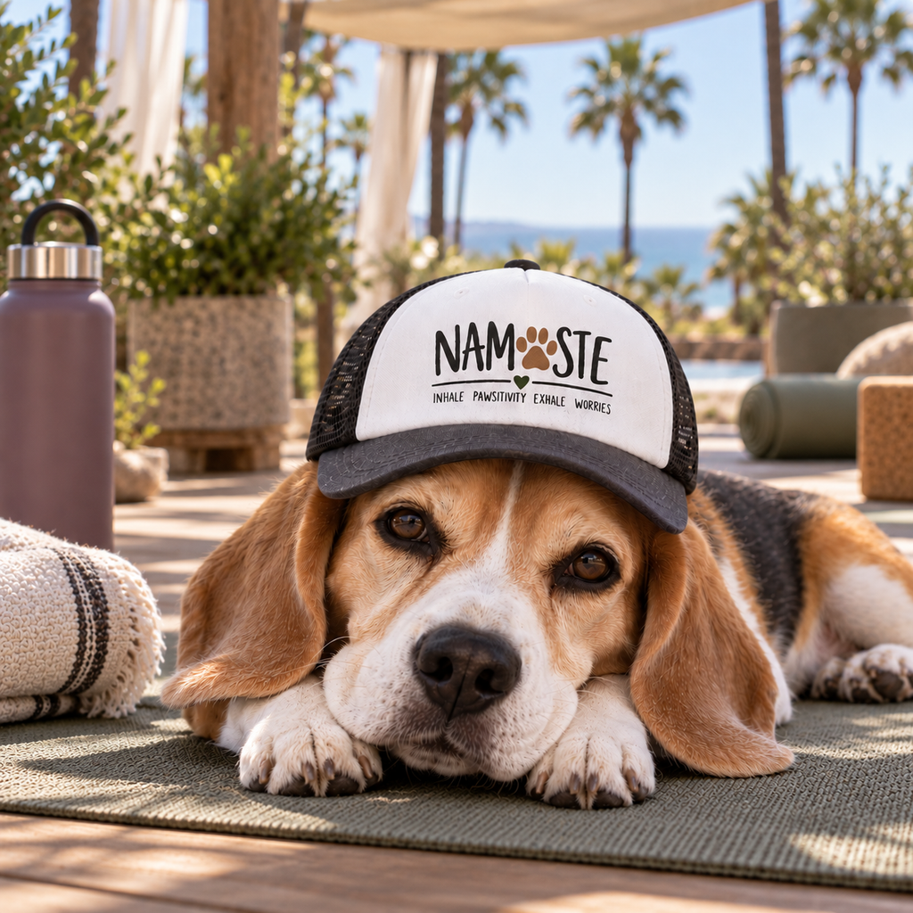 Dog wearing Namaste yoga dog trucker hat