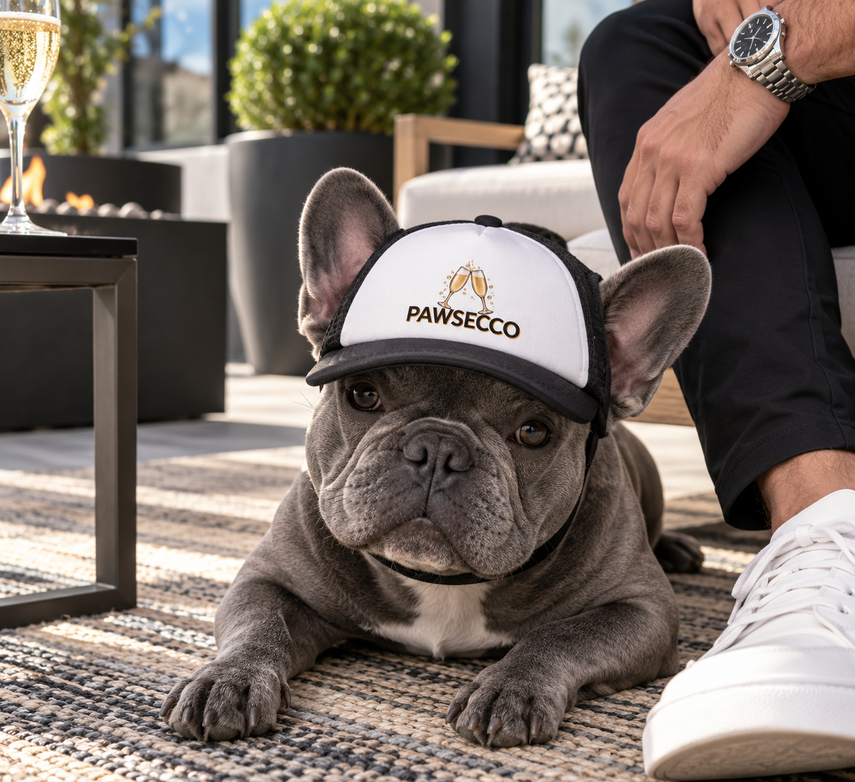 Dog wearing Pawsecco bougie dog trucker hat