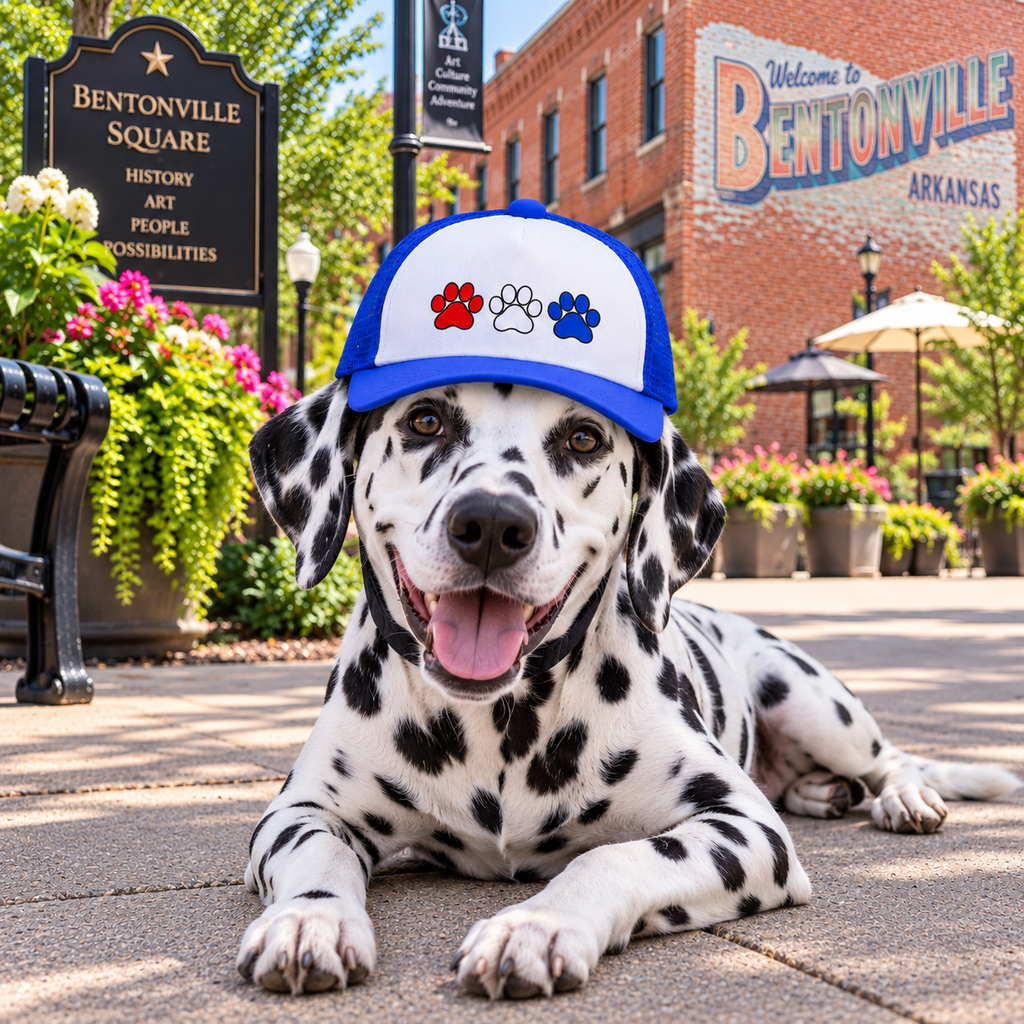 Dog wearing Red White and Blue Paws patriotic dog trucker hat