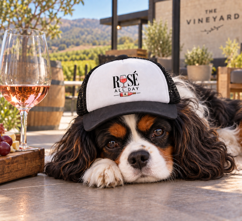 Dog wearing Rosé All Day bougie dog trucker hat