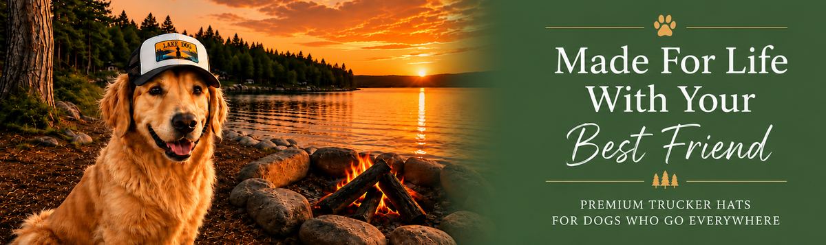 Golden retriever wearing a Lake Dog trucker hat beside a campfire on a lake shore at sunset. Text reads: Made for life with your best friend. Premium trucker hats for dogs who go everywhere.