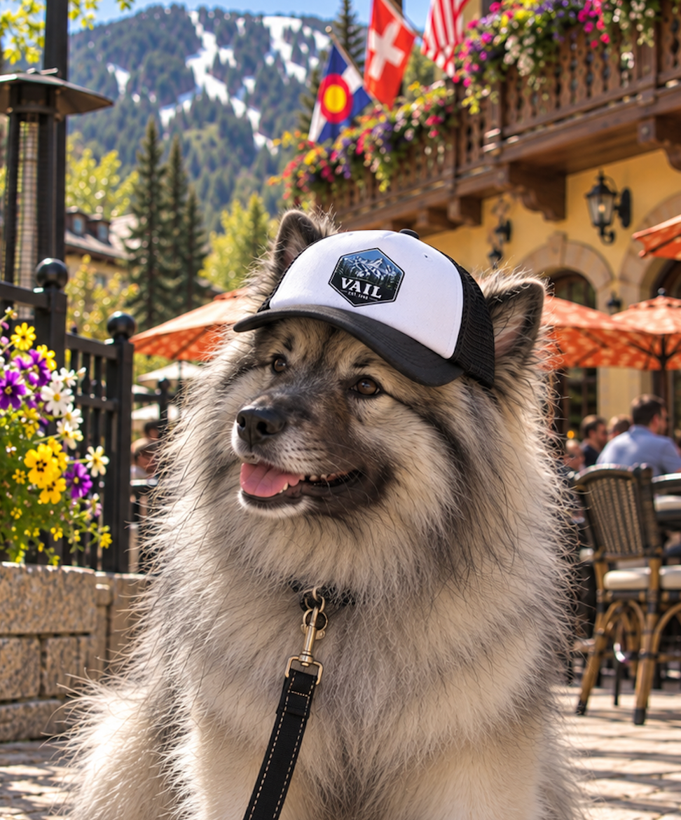 Dog wearing Vail ski town dog trucker hat