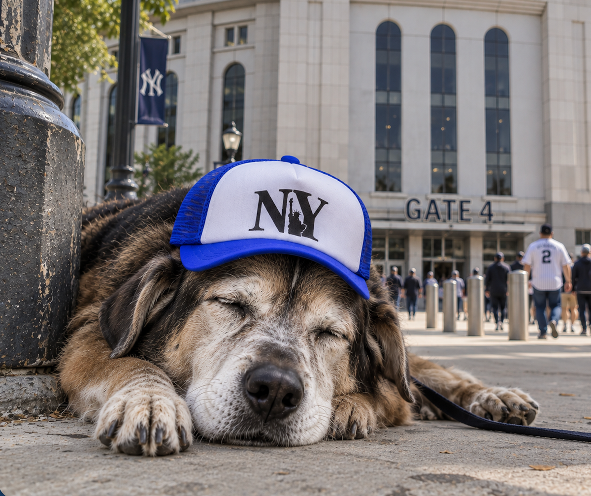 Dog wearing NY New York dog trucker hat