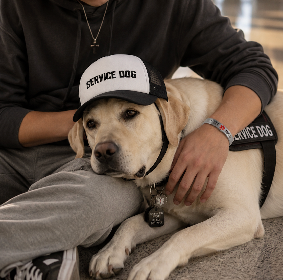 Service dog wearing SERVICE DOG trucker hat