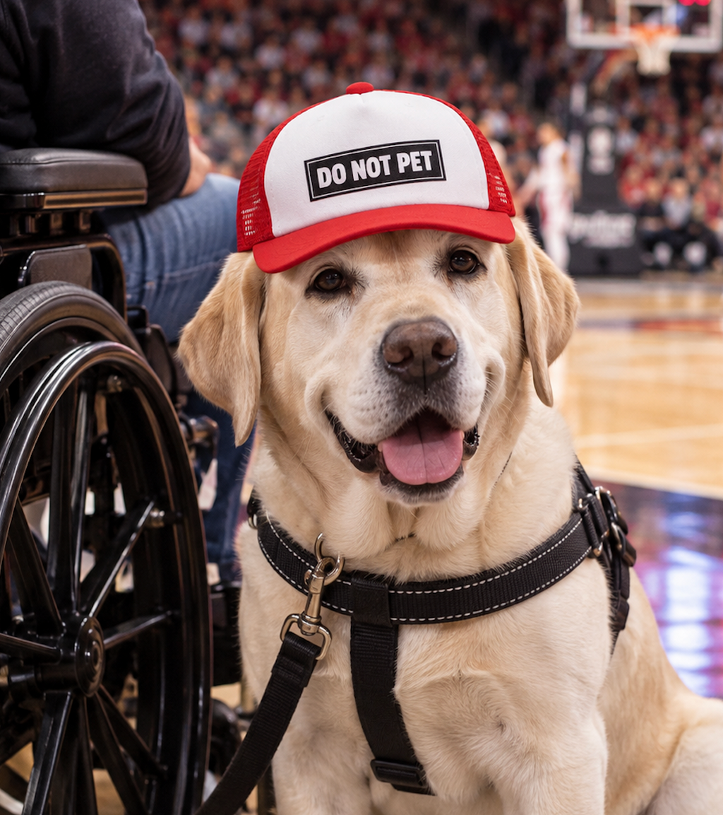 Service dog wearing DO NOT PET dog trucker hat