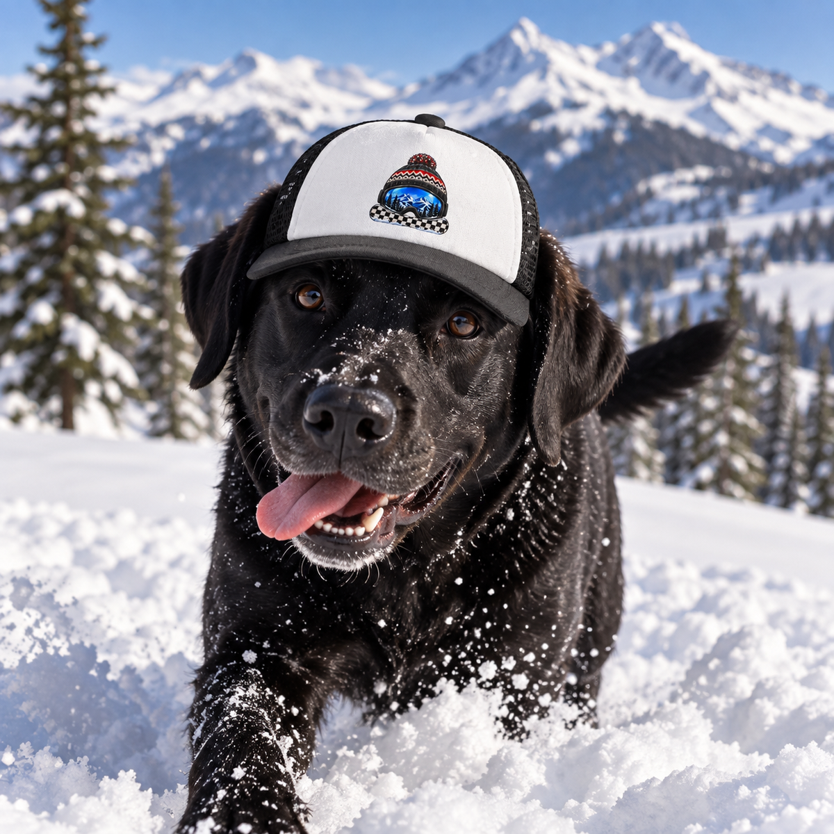 Dog wearing Snowboarder winter dog trucker hat