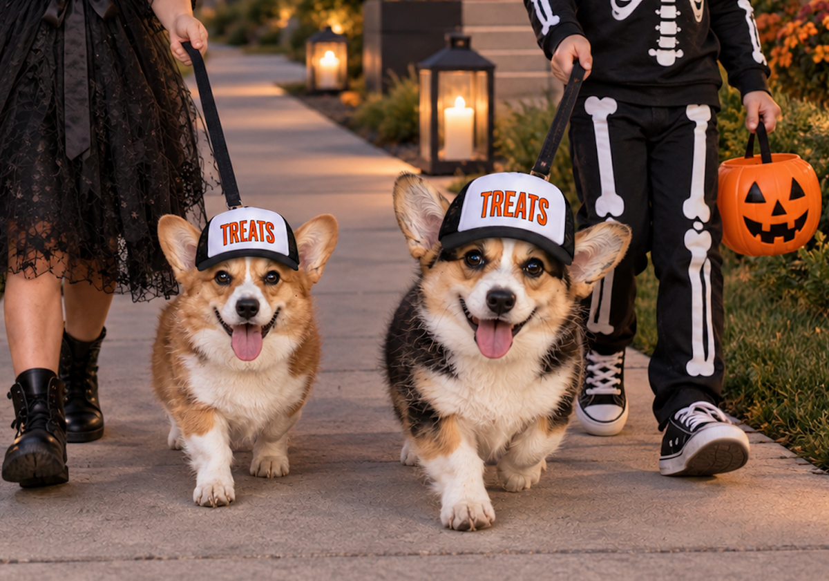 Dog wearing TREATS Halloween dog trucker hat